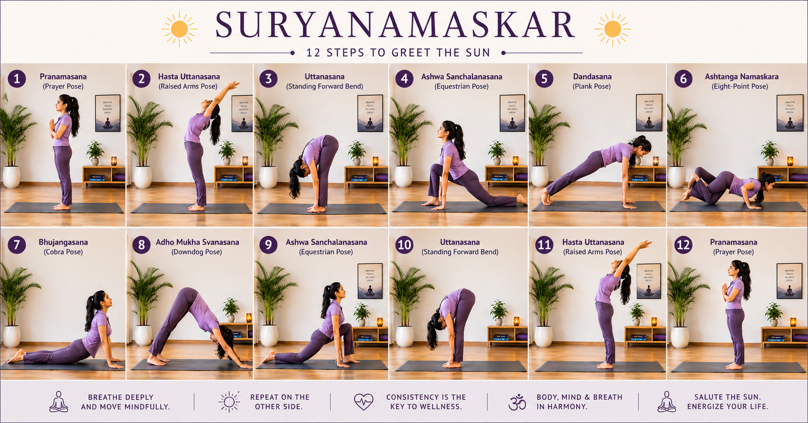Printable Surya Namaskar ChartPrint this page or save it as a quick reference for daily practice. Stick it near your mat for the first few weeks, until the sequence becomes second nature and you no longer need to glance at it.

#

Pose Name

Breath

Quick Cue

1

Pranamasana

Normal

Stand tall, palms together at chest

2

Hasta Uttanasana

Inhale

Arms up, gentle backbend

3

Hastapadasana

Exhale

Fold forward, hands toward floor

4

Ashwa Sanchalanasana (right leg back)

Inhale

Lunge back, look up

5

Dandasana

Exhale

Plank, straight line

6

Ashtanga Namaskara

Exhale

Knees-chest-chin down

7

Bhujangasana

Inhale

Lift chest, Cobra pose

8

Adho Mukha Svanasana

Exhale

Hips up, inverted V

9

Ashwa Sanchalanasana (left leg back)

Inhale

Lunge other side

10

Hastapadasana

Exhale

Fold forward again

11

Hasta Uttanasana

Inhale

Rise up, arms overhead

12

Pranamasana

Exhale

surya namaskar benefits
